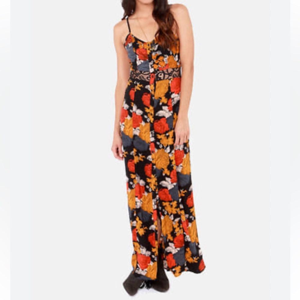 Volcom Take Me Home Black Floral Print Maxi Dress Lace Coastal Cowgirl-Small
